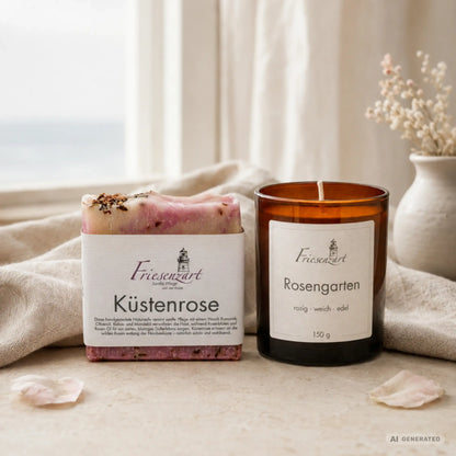 Rosenglück – Friesenzart Duft- &amp; Pflegeset mit Naturseife Küstenrose und Duftkerze Rosengarten