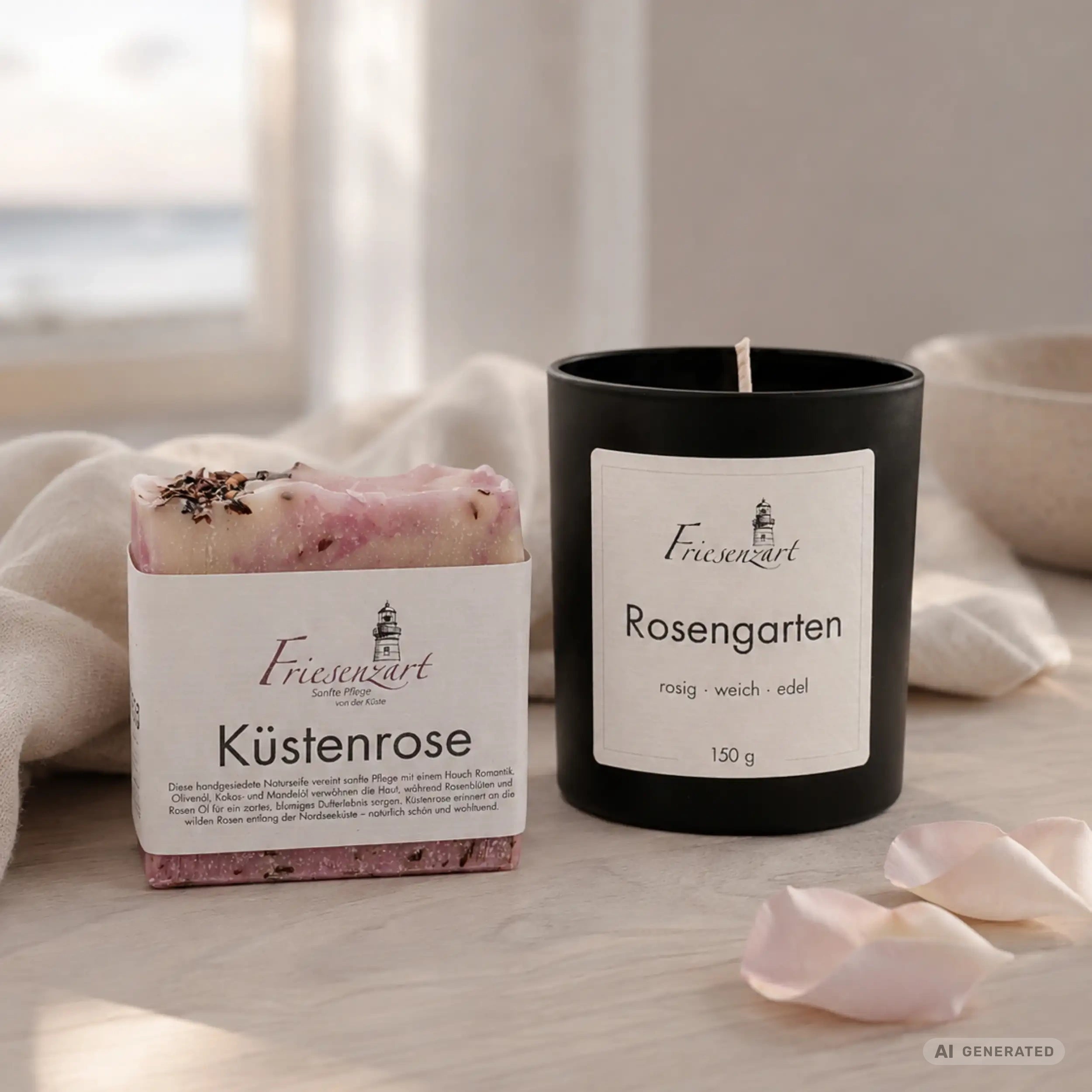 Rosenglück – Friesenzart Duft- &amp; Pflegeset mit Naturseife Küstenrose und Duftkerze Rosengarten