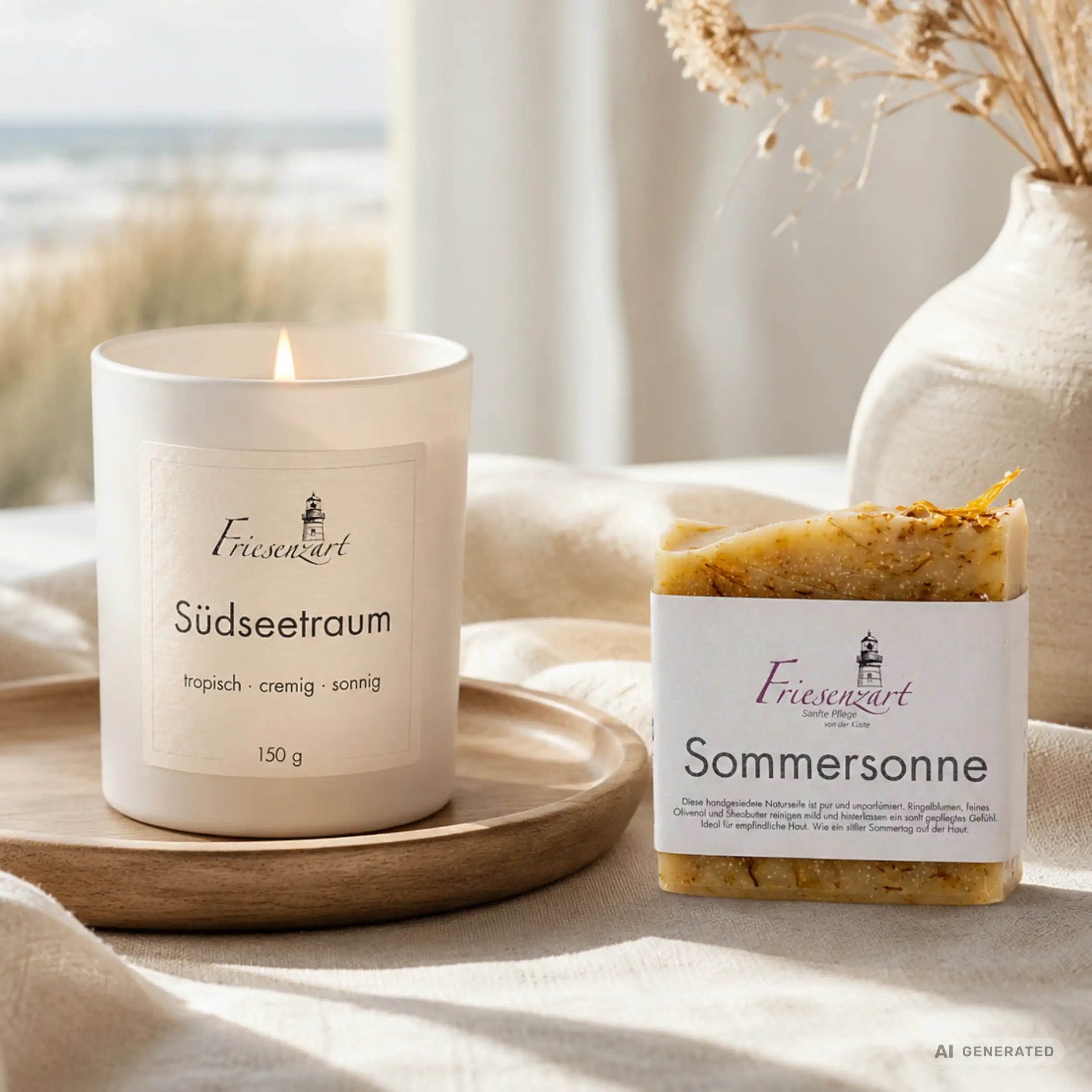 Sanfte Auszeit – Friesenzart Duft- &amp; Pflegeset mit Naturseife Sommersonne und Duftkerze Südseetraum