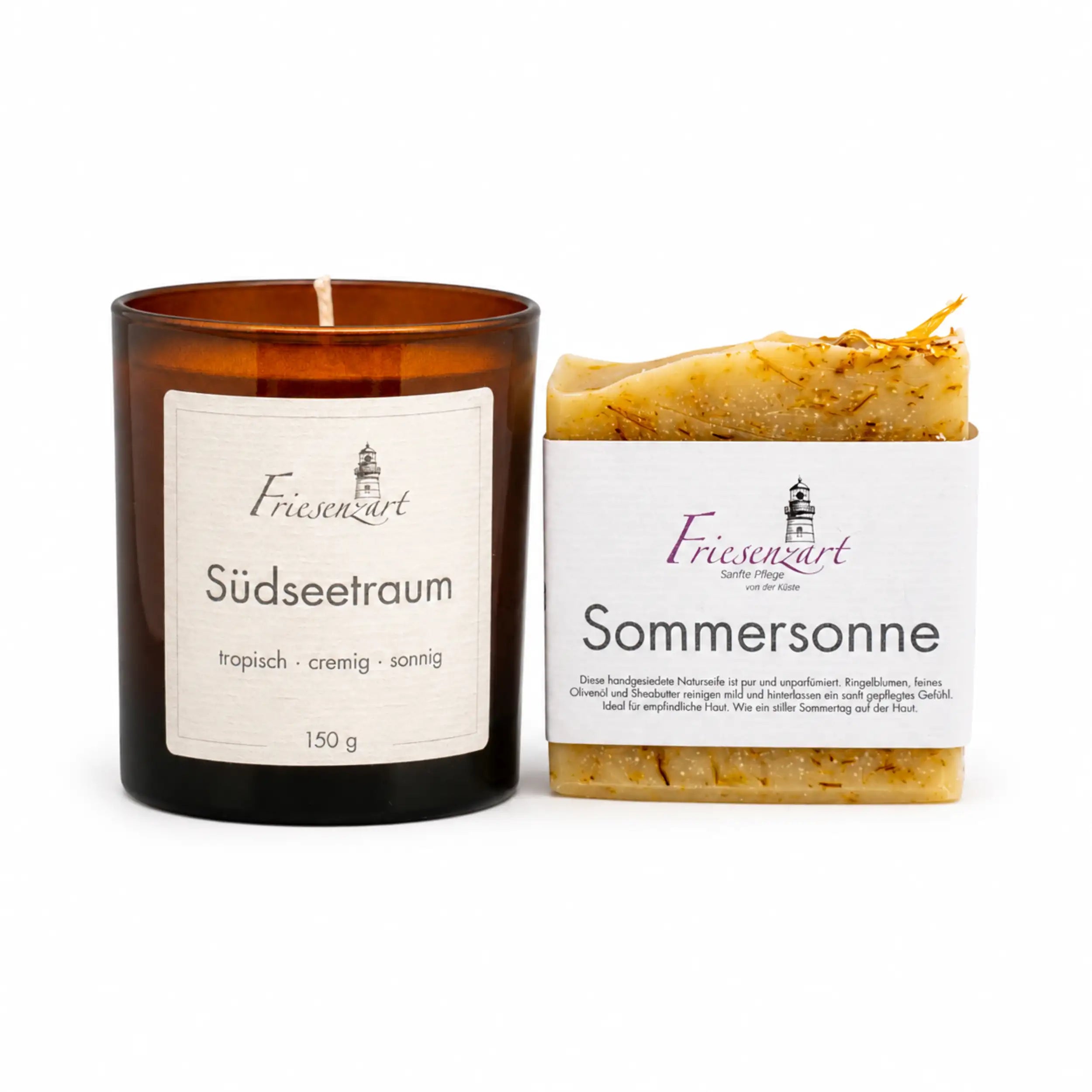 Sanfte Auszeit – Friesenzart Duft- &amp; Pflegeset mit Naturseife Sommersonne und Duftkerze Südseetraum