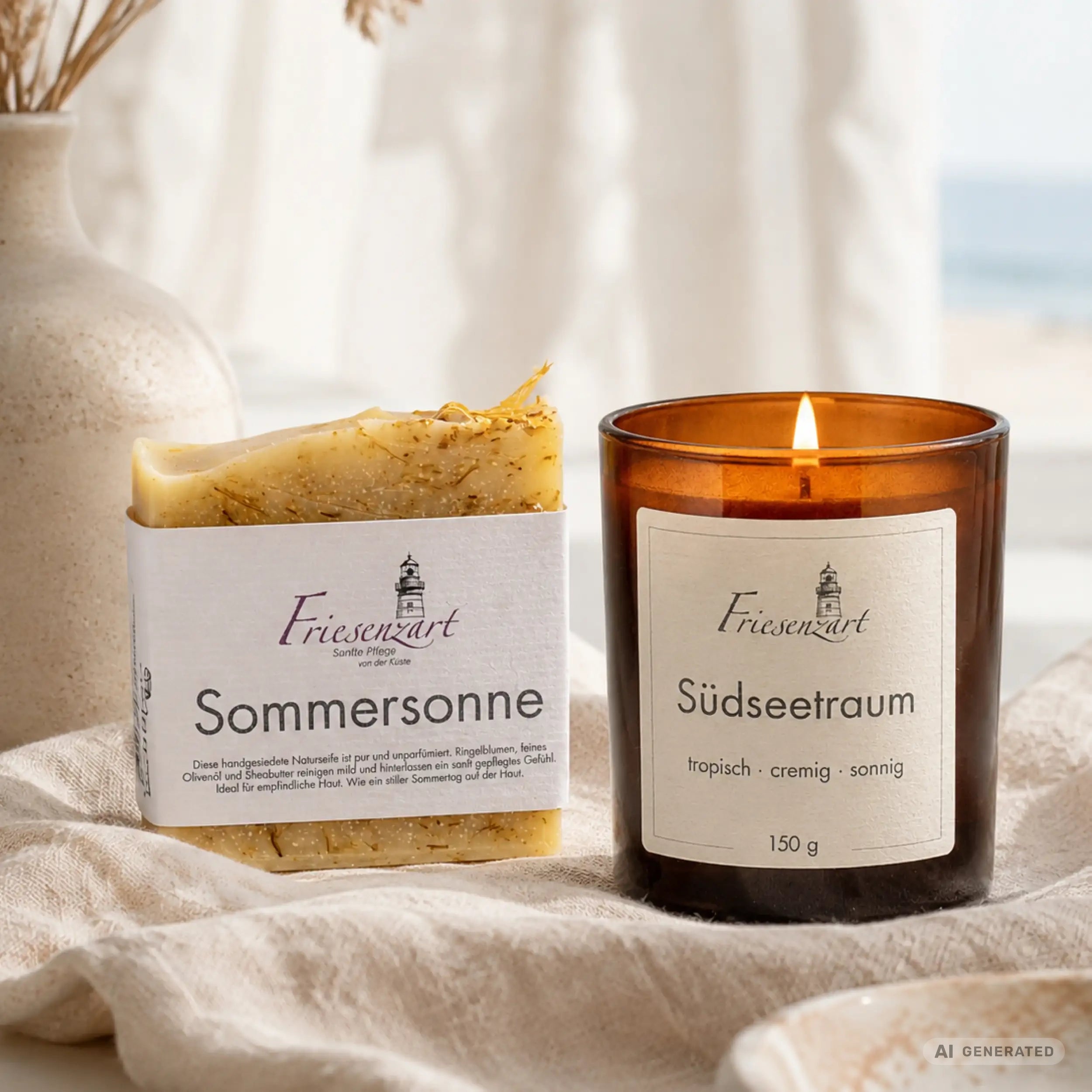 Sanfte Auszeit – Friesenzart Duft- &amp; Pflegeset mit Naturseife Sommersonne und Duftkerze Südseetraum