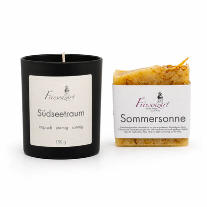 Sanfte Auszeit – Friesenzart Duft- &amp; Pflegeset mit Naturseife Sommersonne und Duftkerze Südseetraum