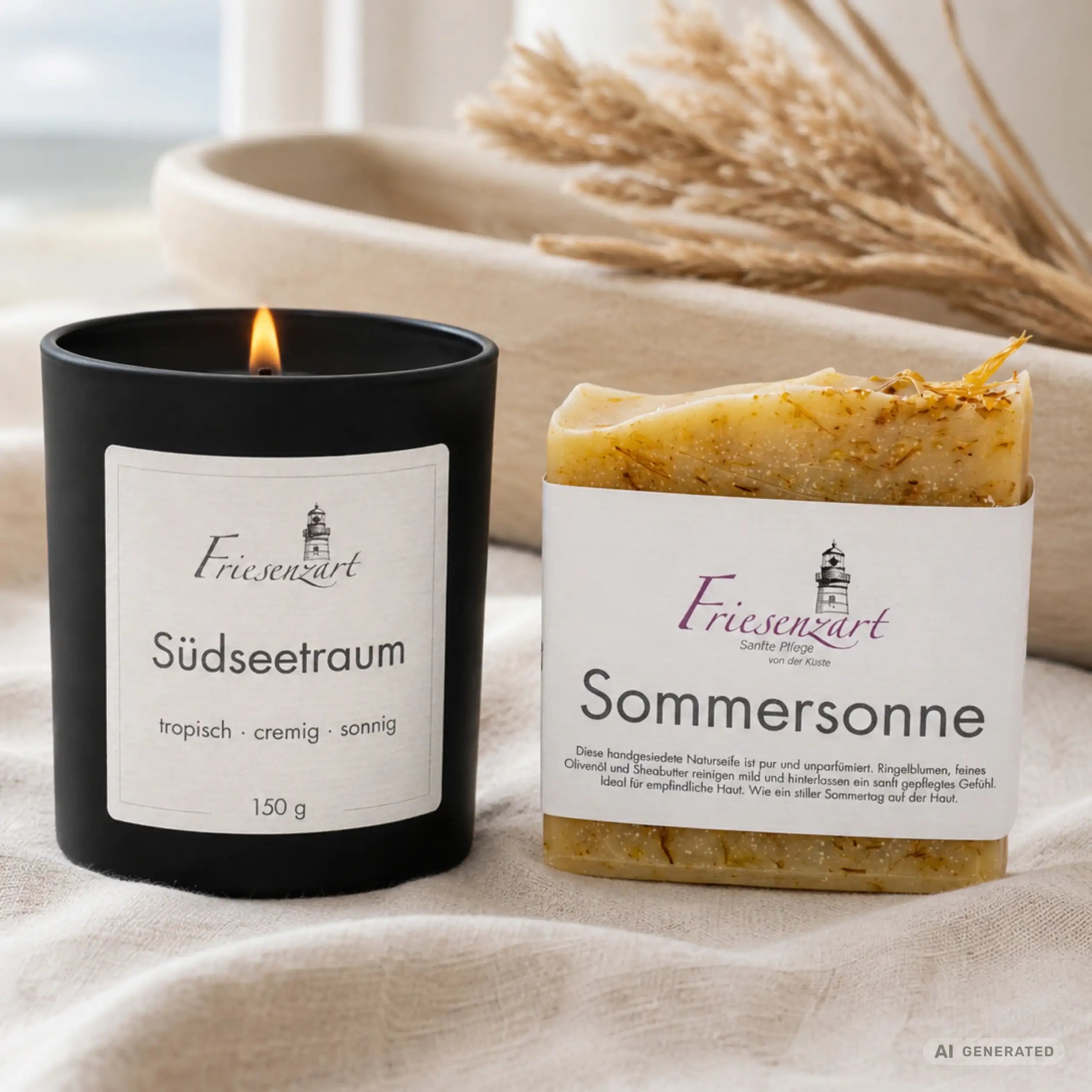 Sanfte Auszeit – Friesenzart Duft- &amp; Pflegeset mit Naturseife Sommersonne und Duftkerze Südseetraum