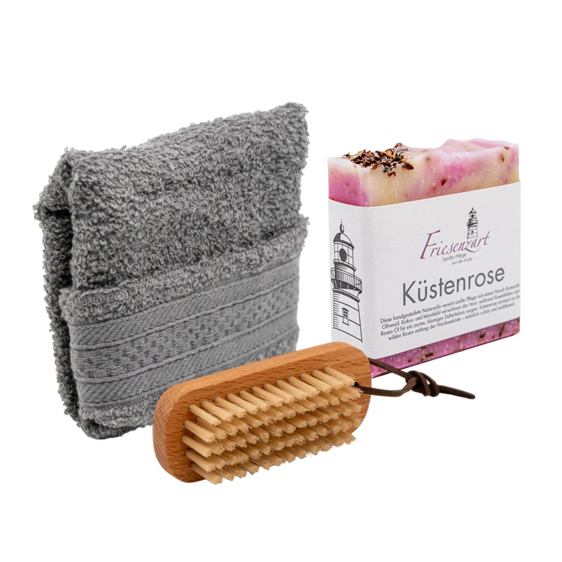 Pflegeset Küstenrose – Naturseife, Gästehandtuch &amp; Bürste