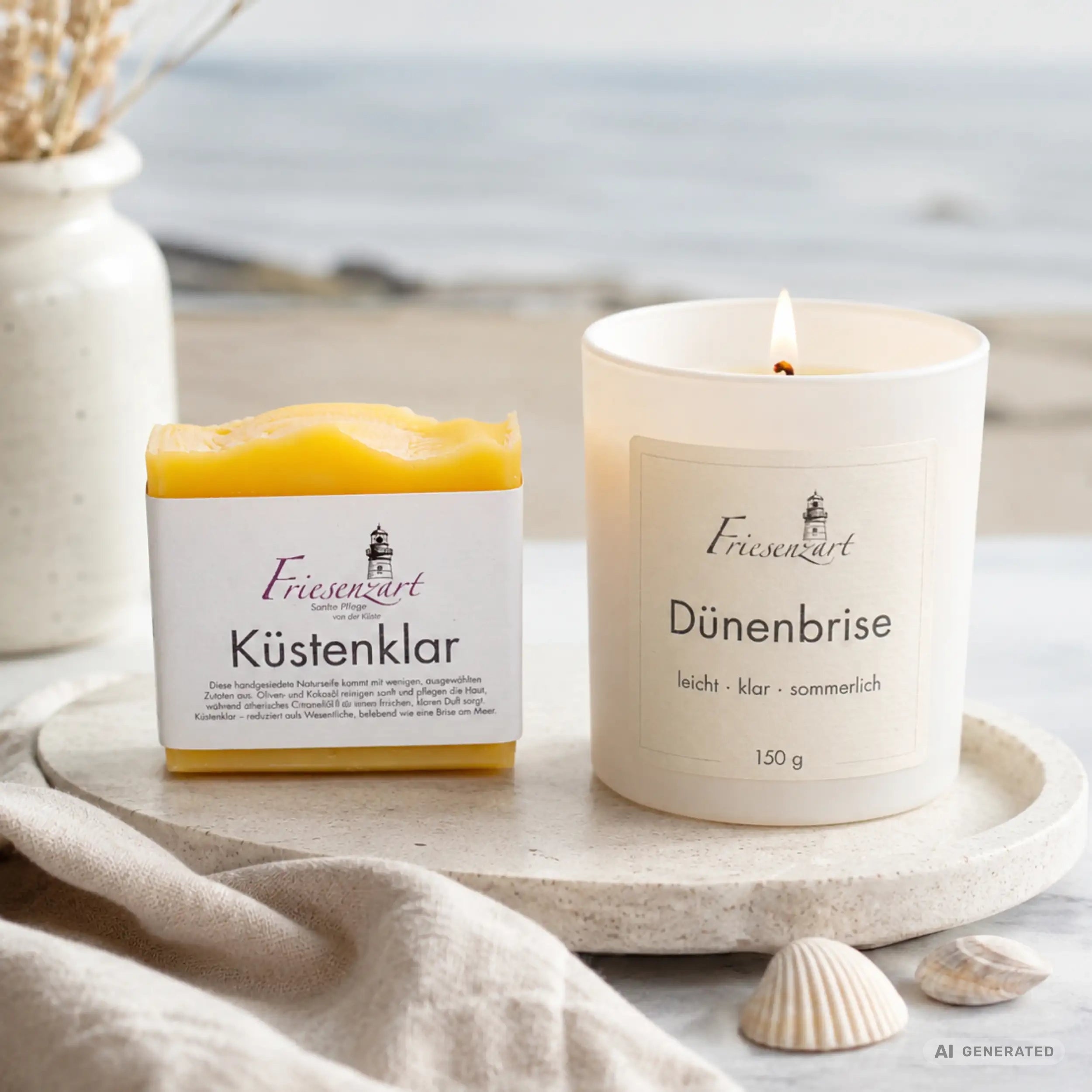 Sommerabend – Friesenzart Duft- &amp; Pflegeset mit Naturseife Küstenklar und Duftkerze Dünenbrise