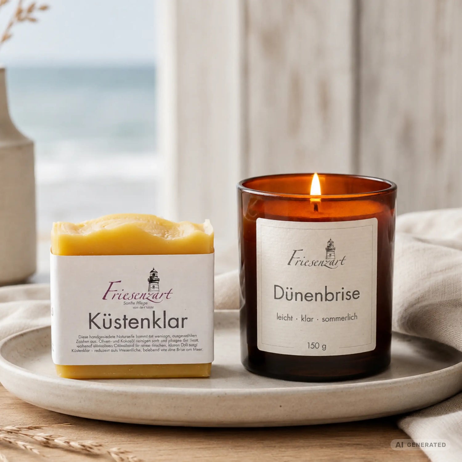 Sommerabend – Friesenzart Duft- &amp; Pflegeset mit Naturseife Küstenklar und Duftkerze Dünenbrise