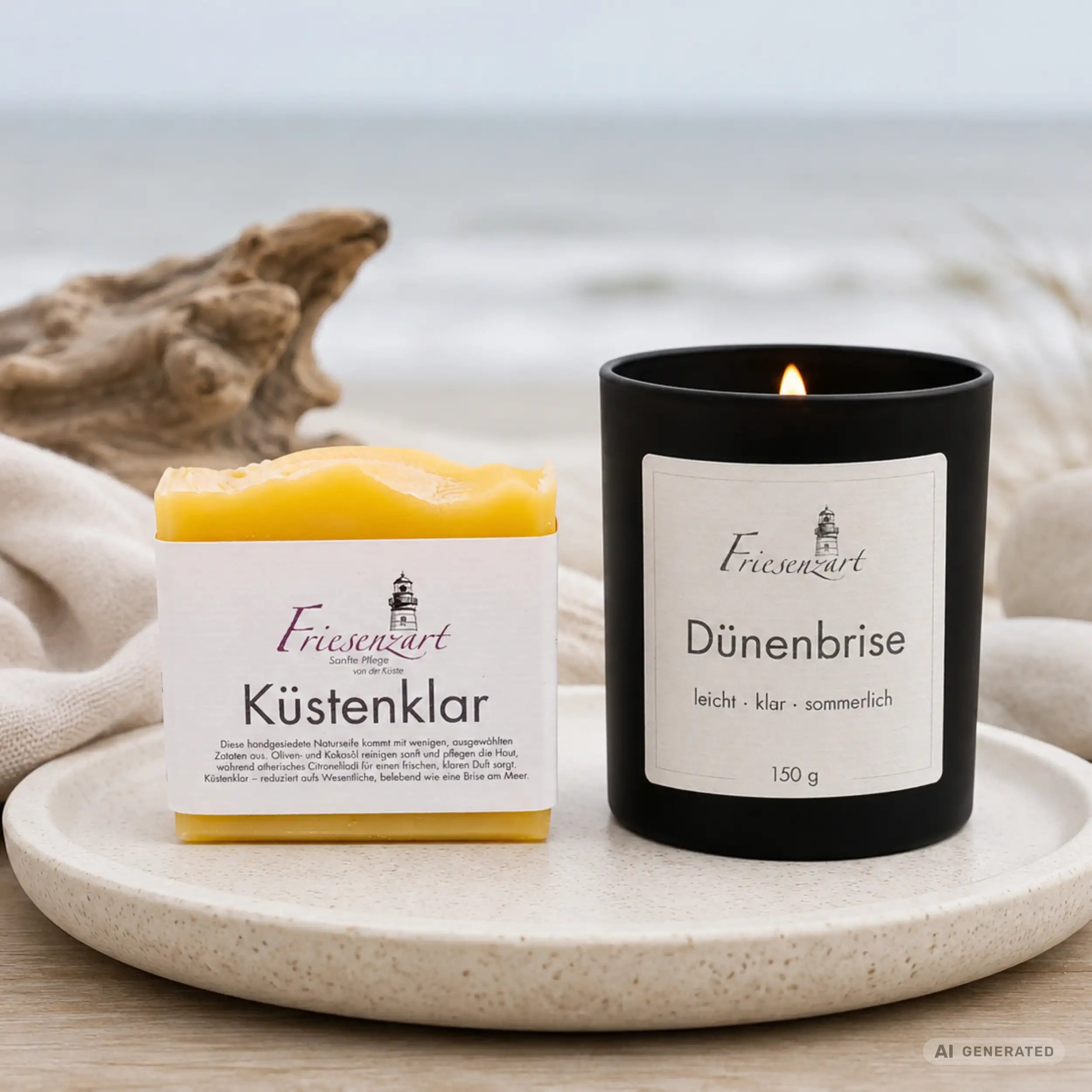 Sommerabend – Friesenzart Duft- &amp; Pflegeset mit Naturseife Küstenklar und Duftkerze Dünenbrise