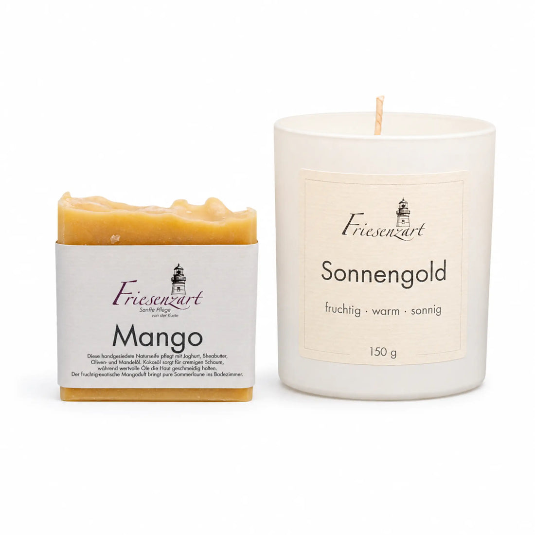 Sonnenzeit – Friesenzart Duft- &amp; Pflegeset mit Naturseife Mango und Duftkerze Sonnengold