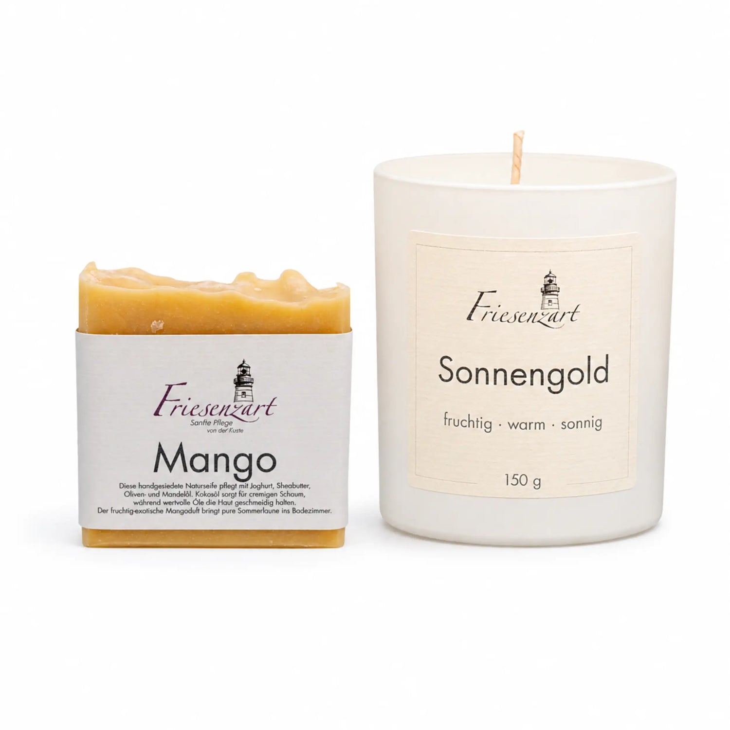 Sonnenzeit – Friesenzart Duft- &amp; Pflegeset mit Naturseife Mango und Duftkerze Sonnengold