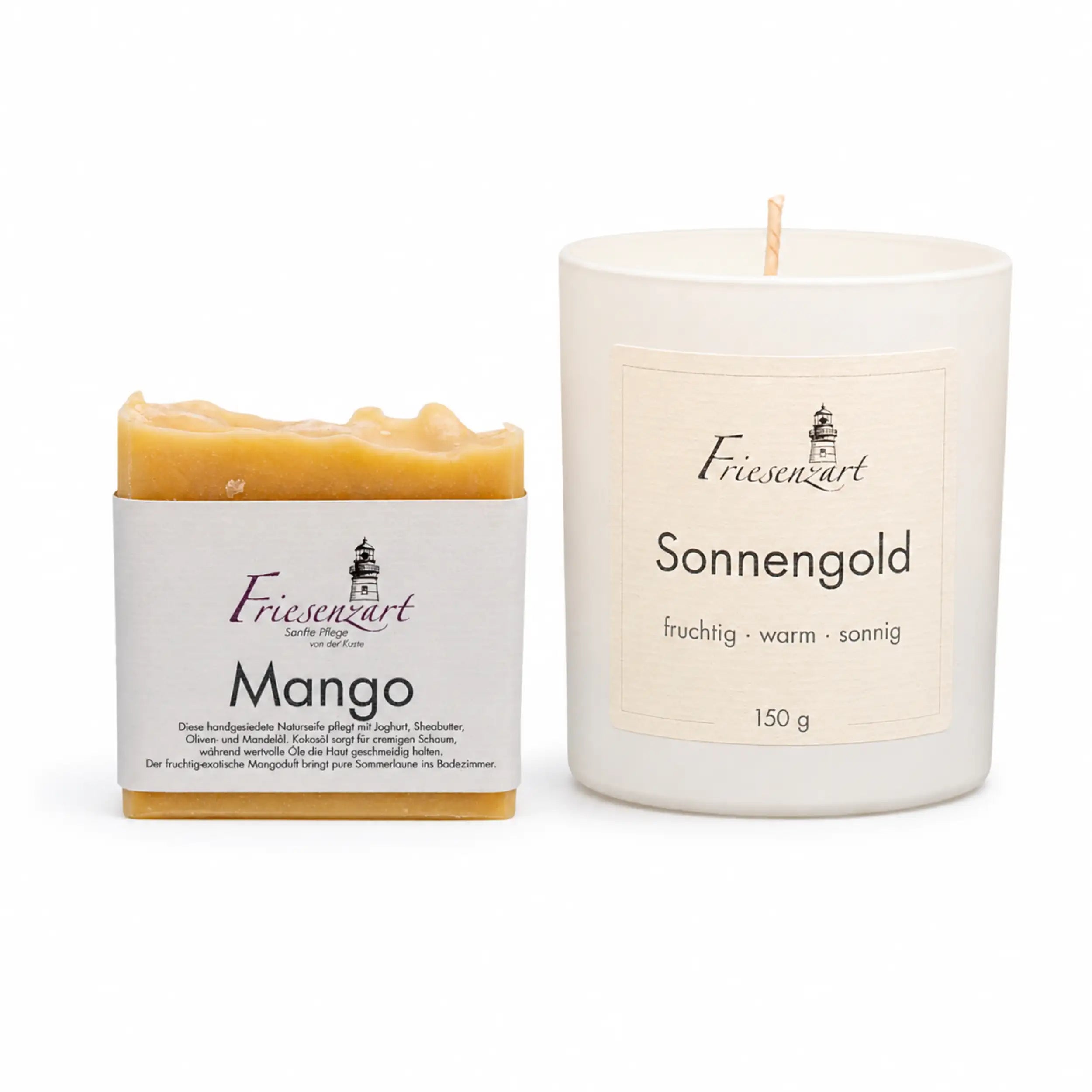 Sonnenzeit – Friesenzart Duft- &amp; Pflegeset mit Naturseife Mango und Duftkerze Sonnengold