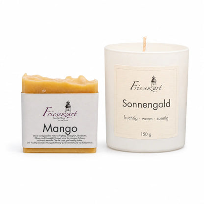 Sonnenzeit – Friesenzart Duft- &amp; Pflegeset mit Naturseife Mango und Duftkerze Sonnengold
