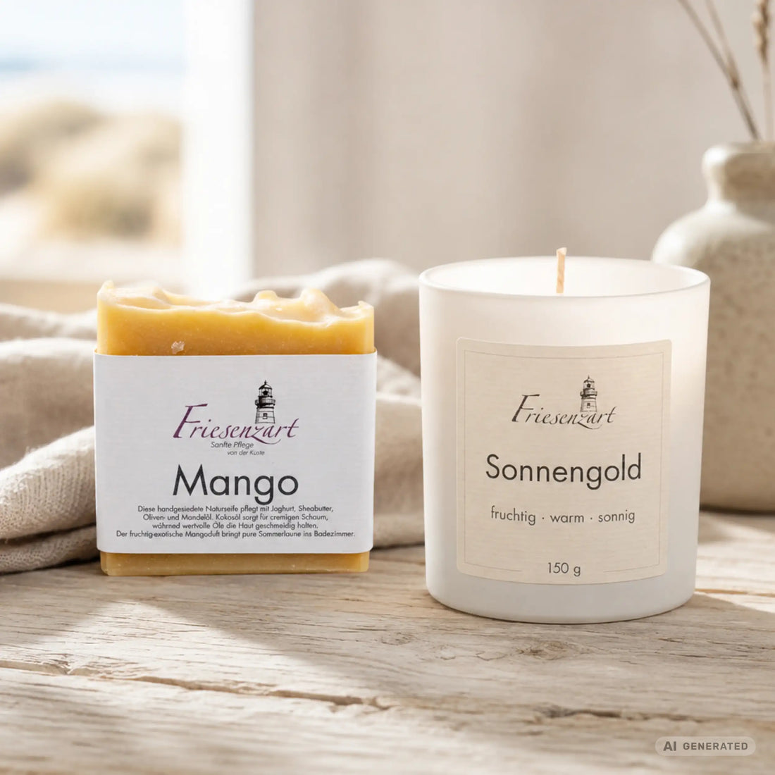 Sonnenzeit – Friesenzart Duft- &amp; Pflegeset mit Naturseife Mango und Duftkerze Sonnengold
