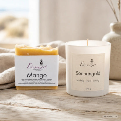 Sonnenzeit – Friesenzart Duft- &amp; Pflegeset mit Naturseife Mango und Duftkerze Sonnengold