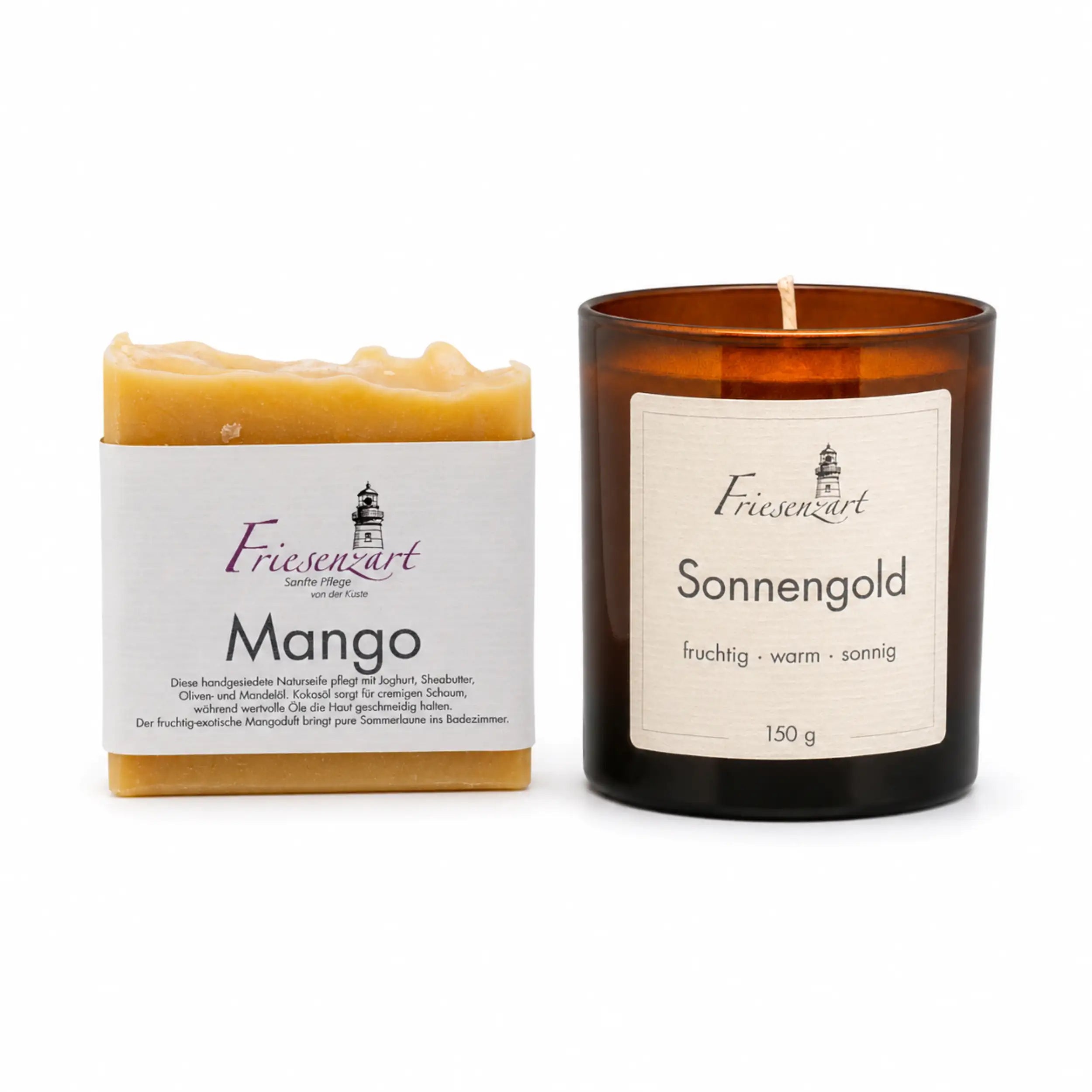 Sonnenzeit – Friesenzart Duft- &amp; Pflegeset mit Naturseife Mango und Duftkerze Sonnengold