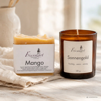 Sonnenzeit – Friesenzart Duft- &amp; Pflegeset mit Naturseife Mango und Duftkerze Sonnengold