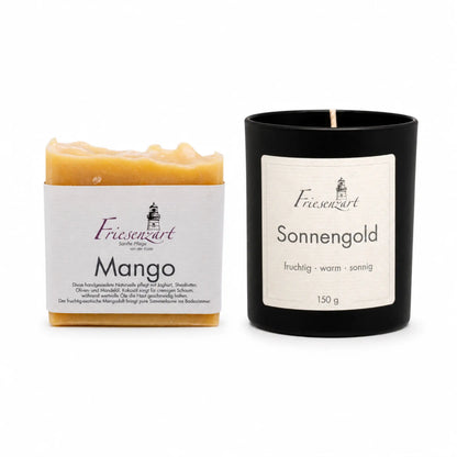 Sonnenzeit – Friesenzart Duft- &amp; Pflegeset mit Naturseife Mango und Duftkerze Sonnengold
