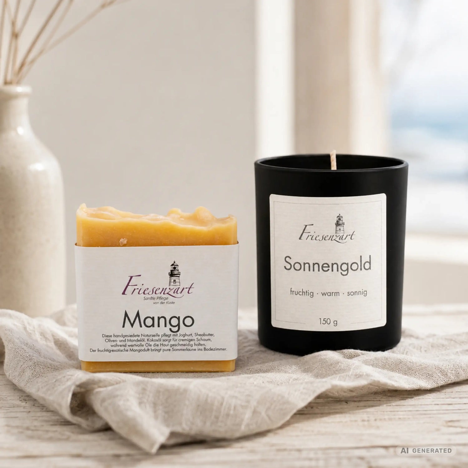 Sonnenzeit – Friesenzart Duft- &amp; Pflegeset mit Naturseife Mango und Duftkerze Sonnengold