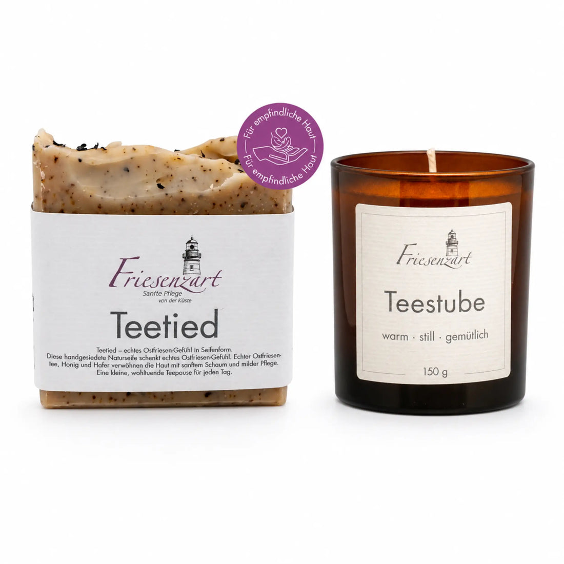 Teepause am Deich – Friesenzart Duft- &amp; Pflegeset mit Naturseife Teetied und Duftkerze Teestube