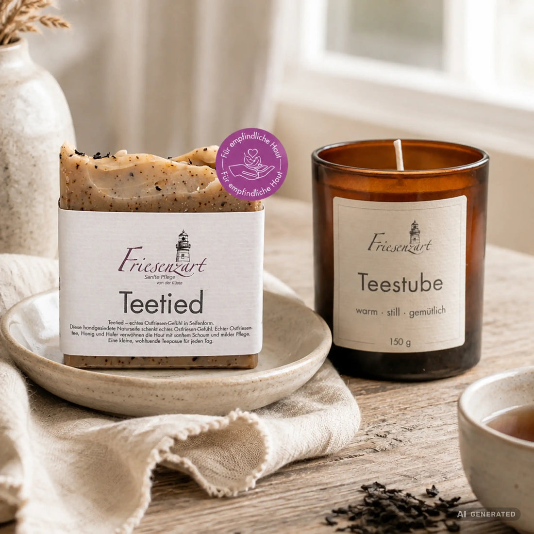 Teepause am Deich – Friesenzart Duft- &amp; Pflegeset mit Naturseife Teetied und Duftkerze Teestube