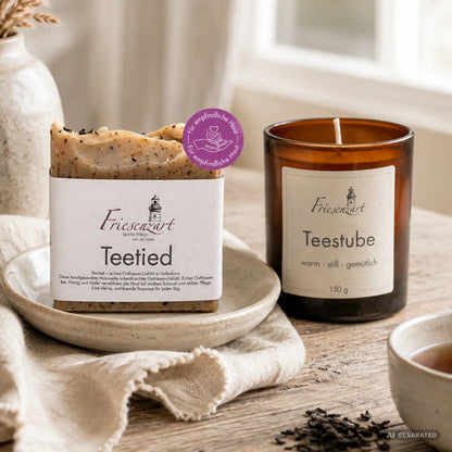 Teepause am Deich – Friesenzart Duft- &amp; Pflegeset mit Naturseife Teetied und Duftkerze Teestube