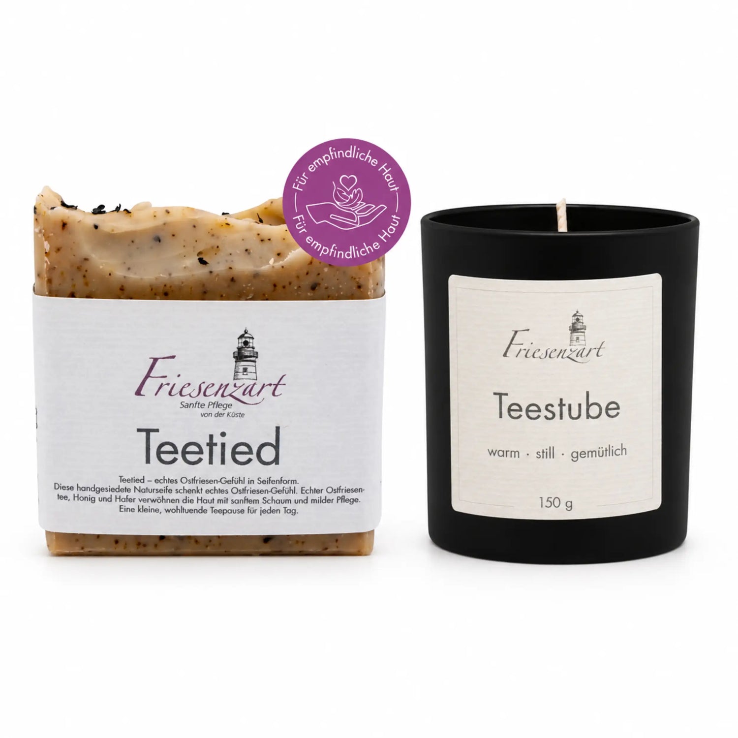 Teepause am Deich – Friesenzart Duft- &amp; Pflegeset mit Naturseife Teetied und Duftkerze Teestube