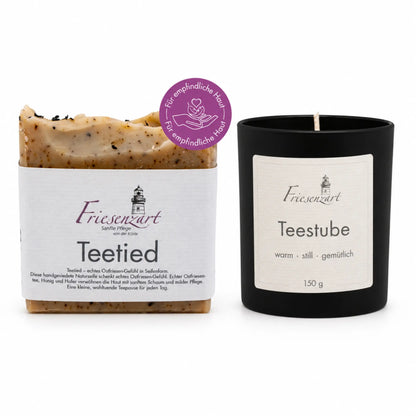 Teepause am Deich – Friesenzart Duft- &amp; Pflegeset mit Naturseife Teetied und Duftkerze Teestube