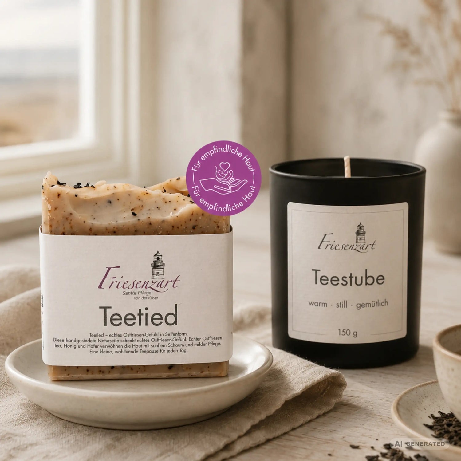 Teepause am Deich – Friesenzart Duft- &amp; Pflegeset mit Naturseife Teetied und Duftkerze Teestube