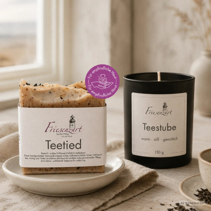 Teepause am Deich – Friesenzart Duft- &amp; Pflegeset mit Naturseife Teetied und Duftkerze Teestube
