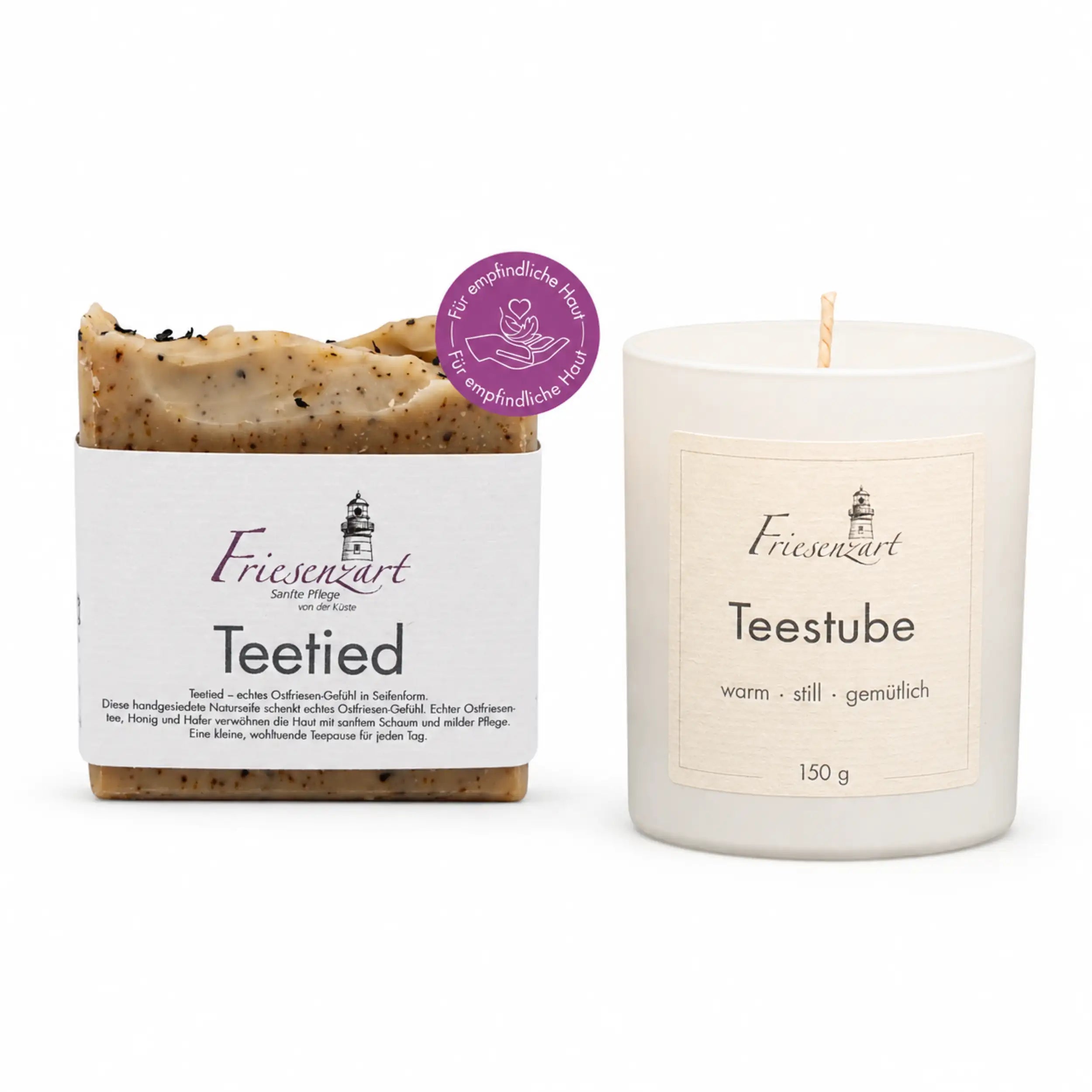 Teepause am Deich – Friesenzart Duft- &amp; Pflegeset mit Naturseife Teetied und Duftkerze Teestube