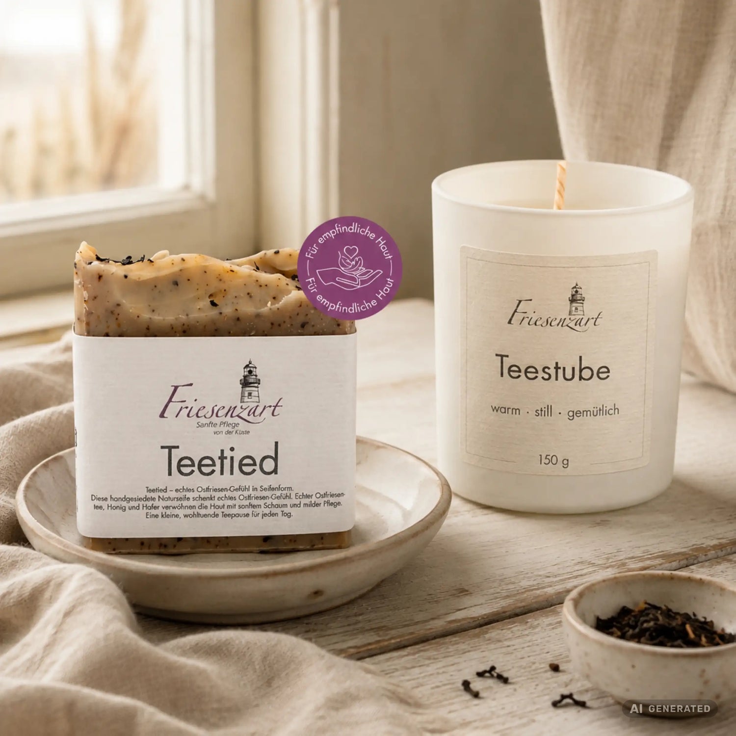 Teepause am Deich – Friesenzart Duft- &amp; Pflegeset mit Naturseife Teetied und Duftkerze Teestube