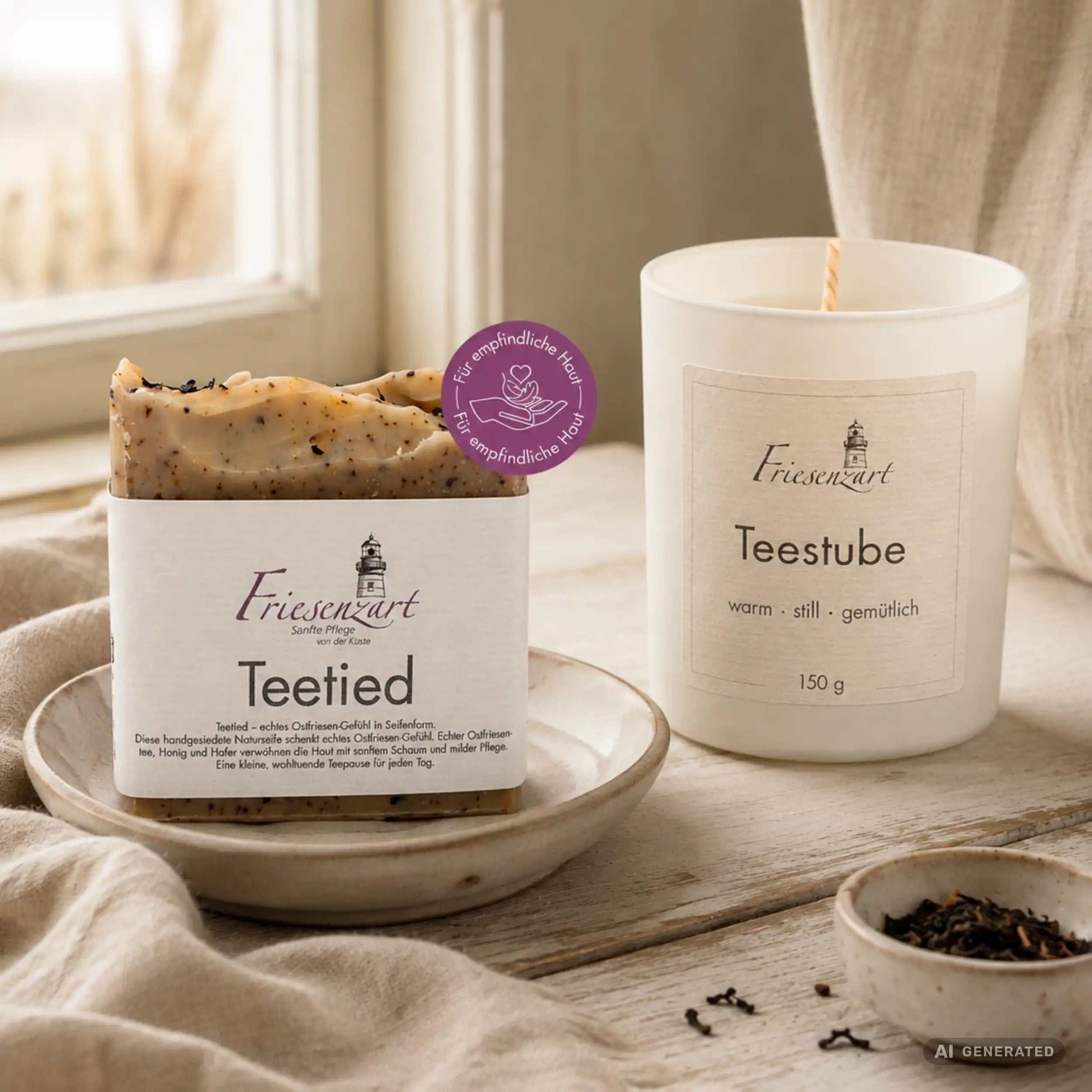 Teepause am Deich – Friesenzart Duft- &amp; Pflegeset mit Naturseife Teetied und Duftkerze Teestube