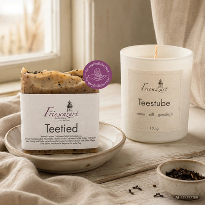 Teepause am Deich – Friesenzart Duft- &amp; Pflegeset mit Naturseife Teetied und Duftkerze Teestube