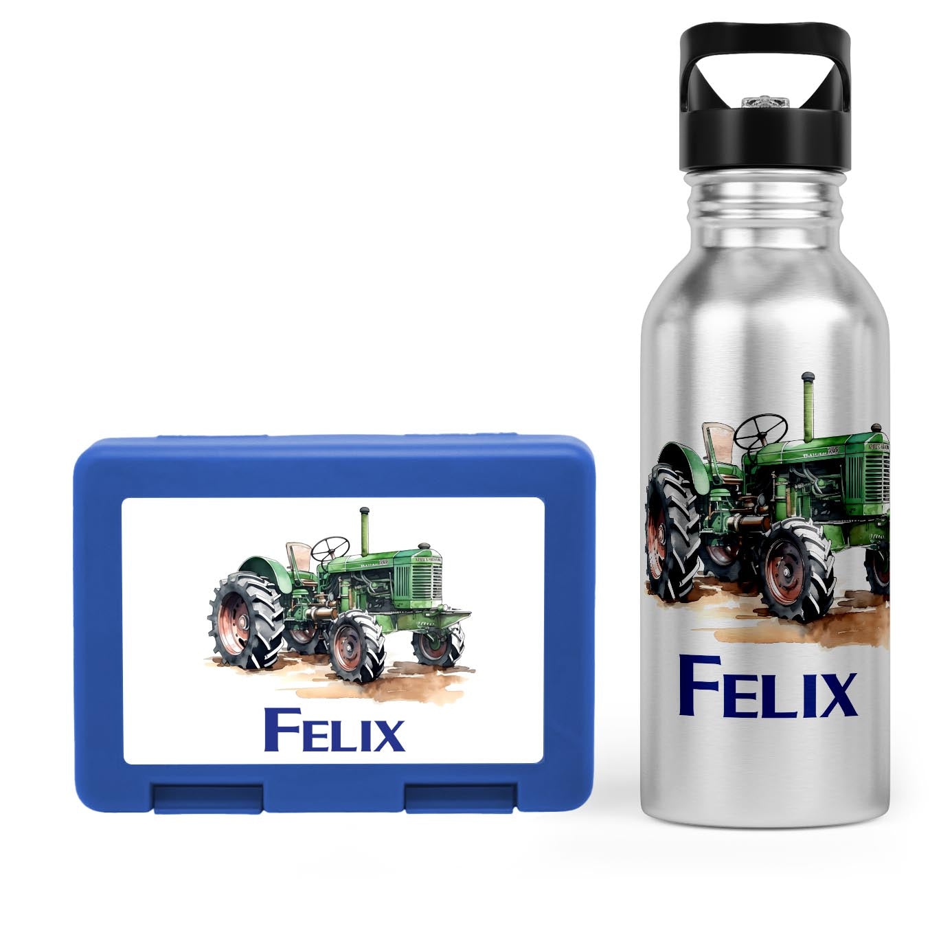 Schulstart Bundle No.7 - Traktor-Design Brotdose &amp; Trinkflasche Personalisierbar