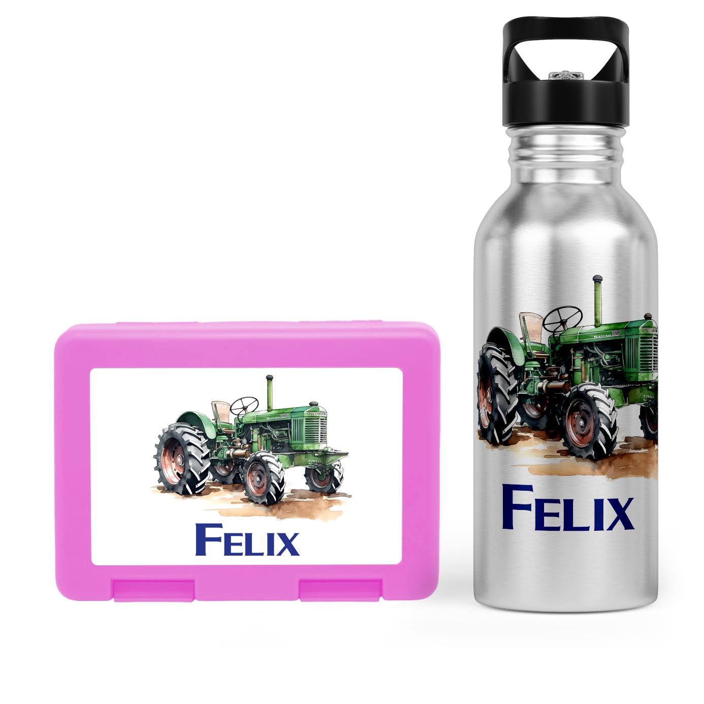 Schulstart Bundle No.7 - Traktor-Design Brotdose &amp; Trinkflasche Personalisierbar