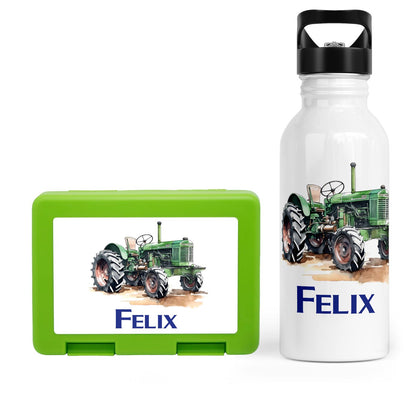 Schulstart Bundle No.8 - Traktor-Design Brotdose &amp; Trinkflasche Personalisierbar