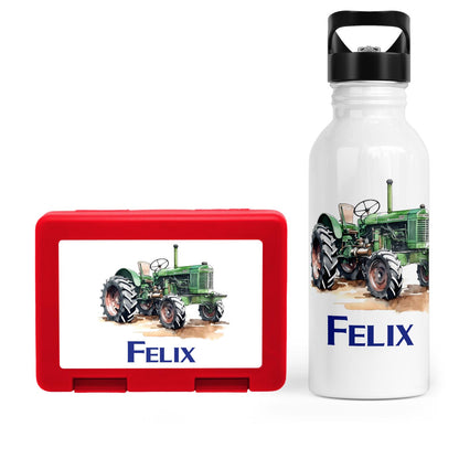 Schulstart Bundle No.8 - Traktor-Design Brotdose &amp; Trinkflasche Personalisierbar