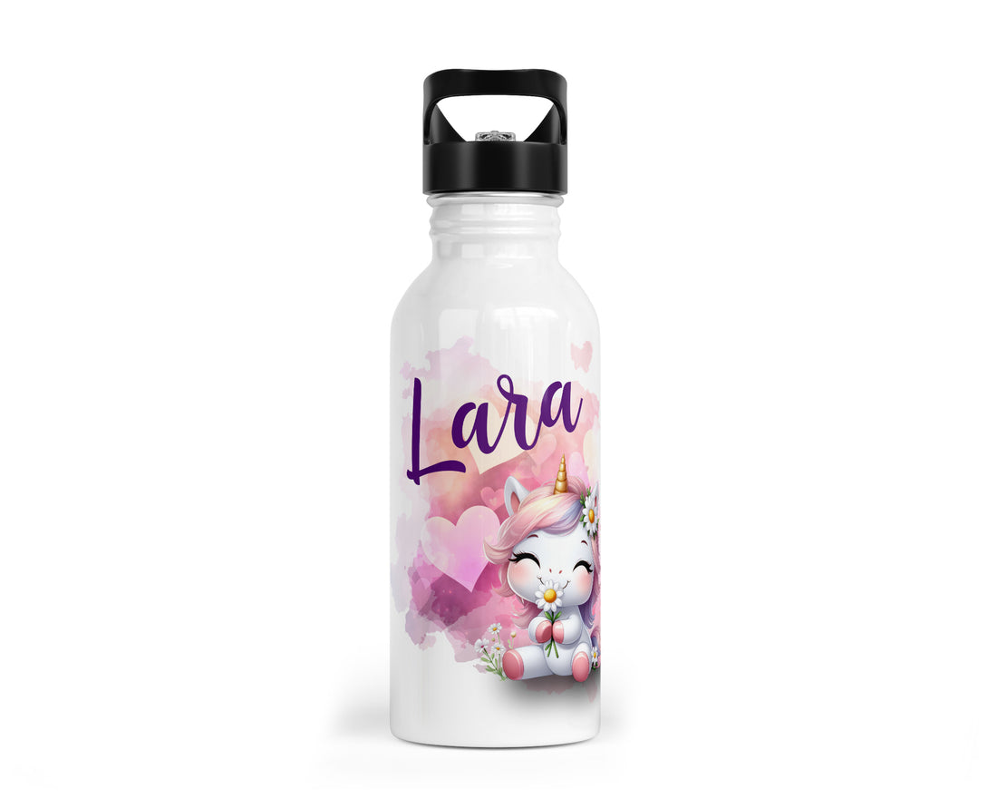 Personalisierbare Kinder-Trinkflasche mit süßem Einhorn in Love-Design