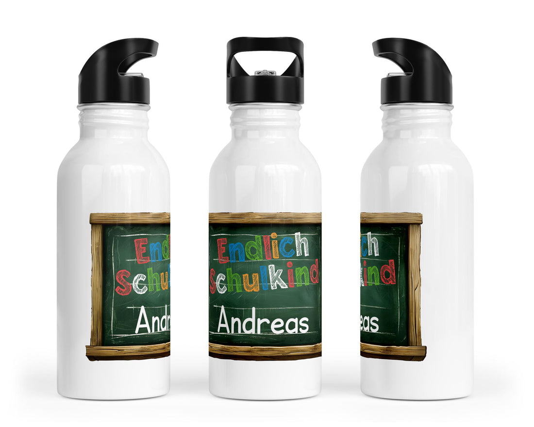 Personalisierbare Kinder-Trinkflasche mit buntem "Endlich Schulkind"-Design