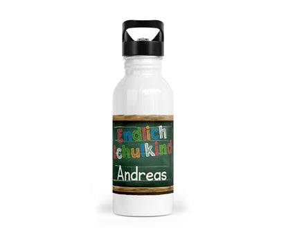 Personalisierbare Kinder-Trinkflasche mit buntem &quot;Endlich Schulkind&quot;-Design