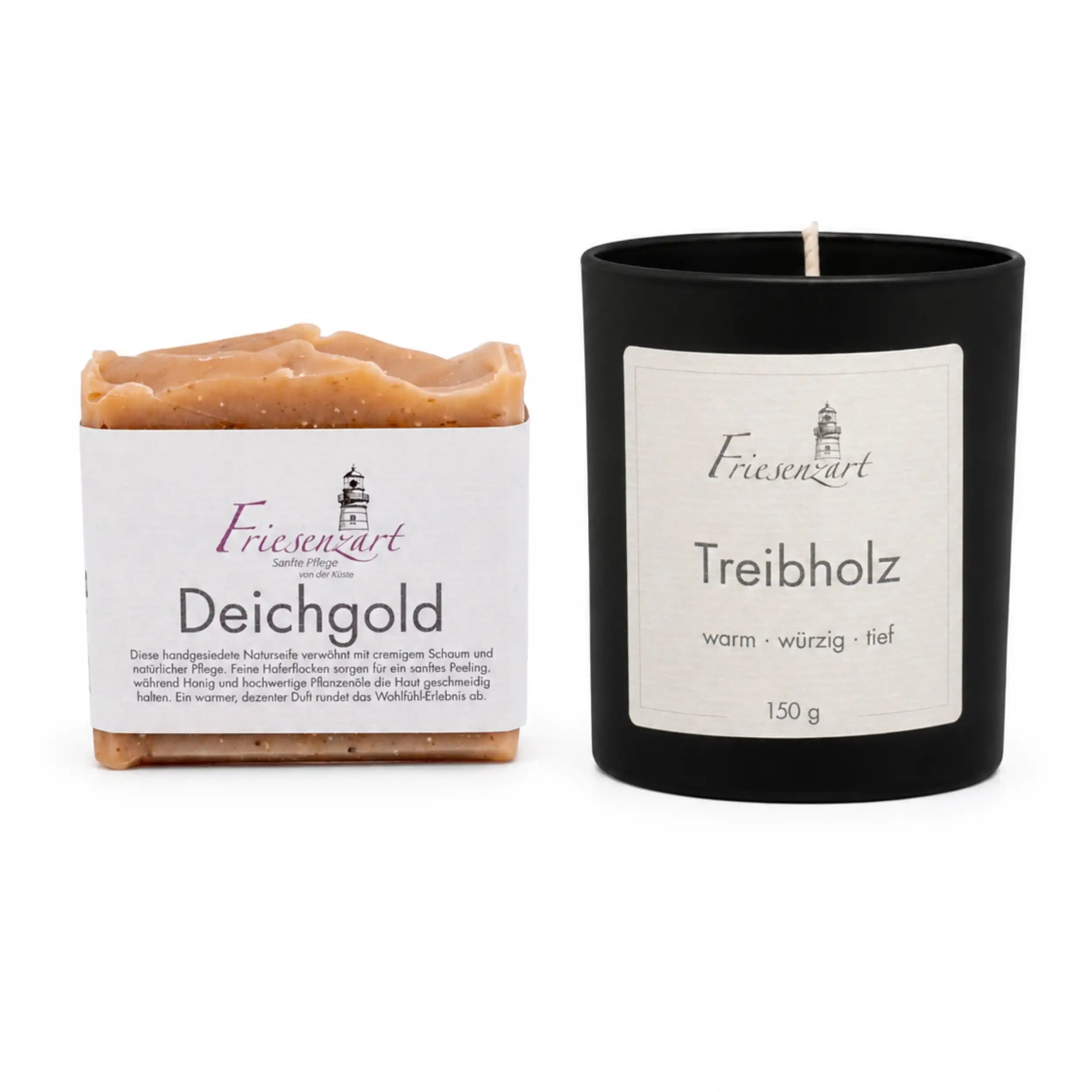 Warme Stube – Friesenzart Duft- &amp; Pflegeset mit Naturseife Deichgold und Duftkerze Treibholz