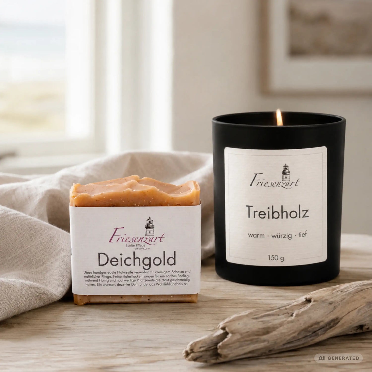 Warme Stube – Friesenzart Duft- &amp; Pflegeset mit Naturseife Deichgold und Duftkerze Treibholz