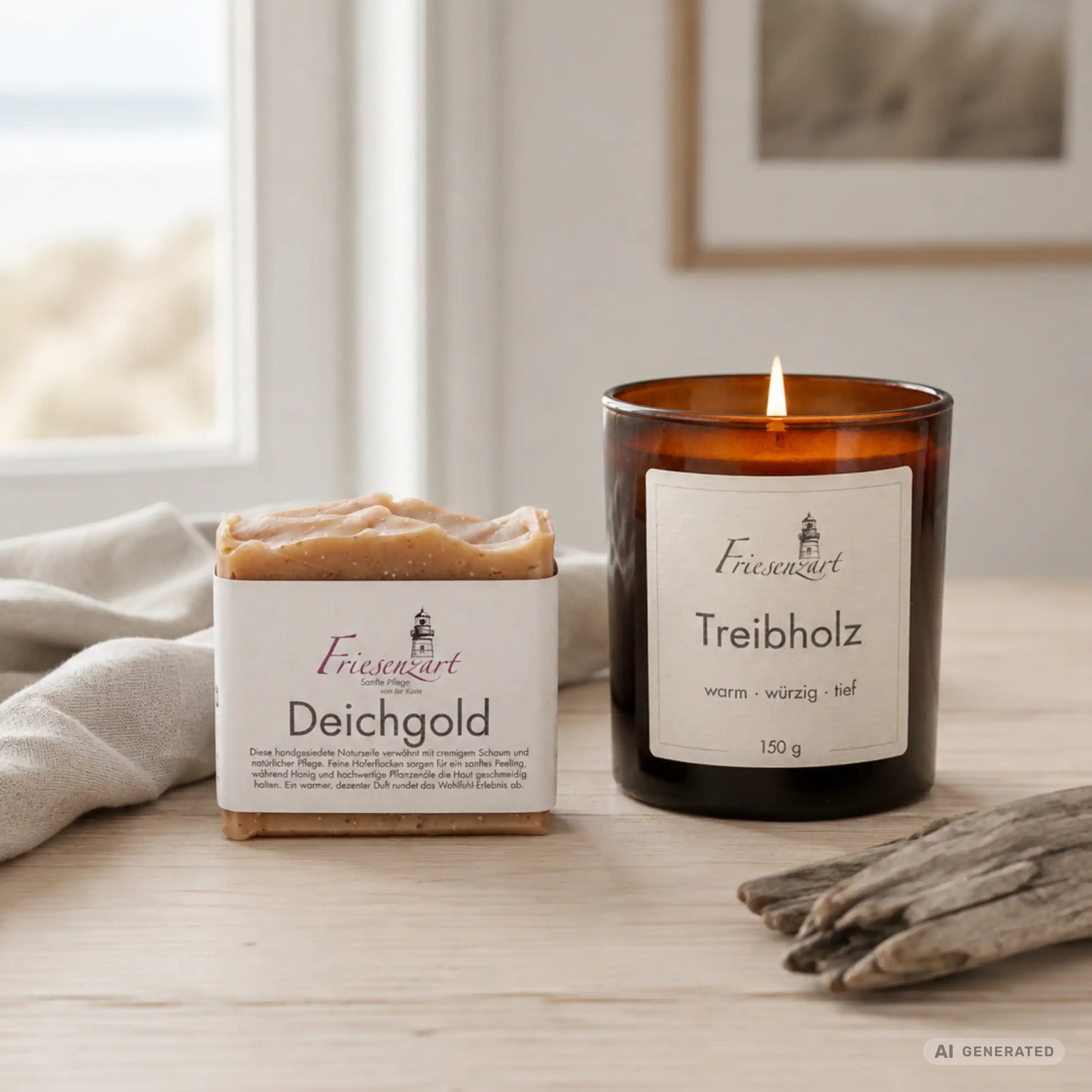Warme Stube – Friesenzart Duft- &amp; Pflegeset mit Naturseife Deichgold und Duftkerze Treibholz