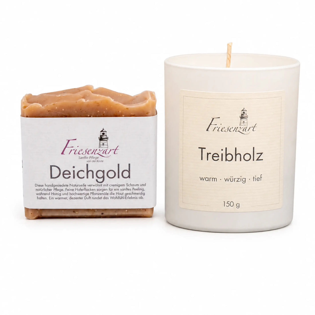 Warme Stube – Friesenzart Duft- &amp; Pflegeset mit Naturseife Deichgold und Duftkerze Treibholz