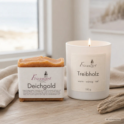 Warme Stube – Friesenzart Duft- &amp; Pflegeset mit Naturseife Deichgold und Duftkerze Treibholz