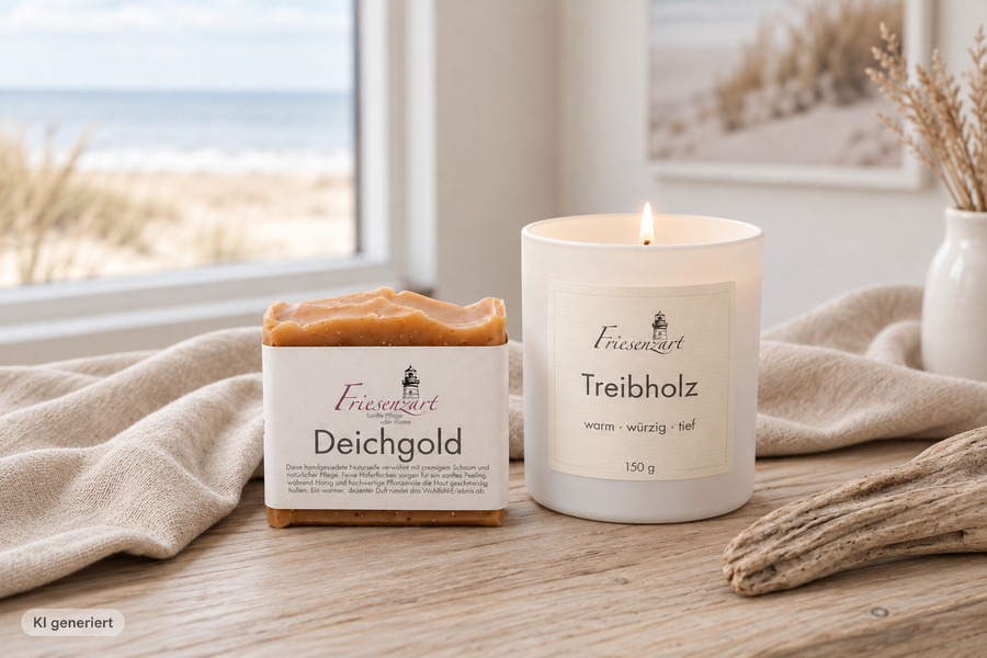 Naturseife Deichgold und Duftkerze Treibholz als Geschenkidee