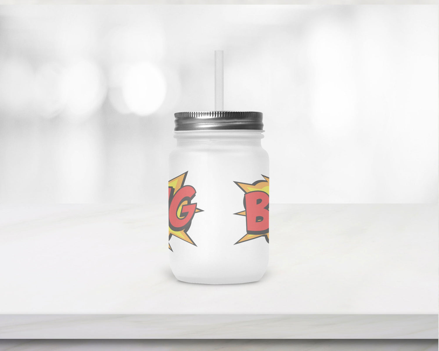 Henkelglas "BANG" mit Deckel und Trinkhalm - Zwergenstick