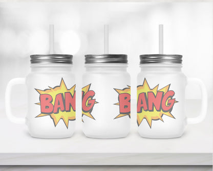 Henkelglas "BANG" mit Deckel und Trinkhalm - Zwergenstick
