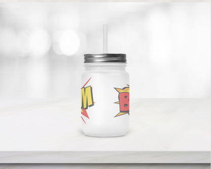 Henkelglas "BOOM" mit Deckel und Trinkhalm - Zwergenstick