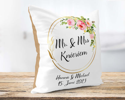 Hochzeitkissen Blumenring - Personalisierbar mit Namen und Hochzeitsdatum - Zwergenstick