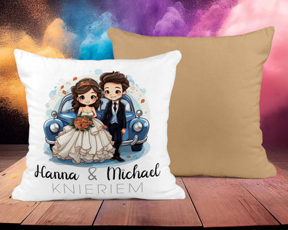 Hochzeitkissen Paar mit Hochzeitsauto - Personalisierbar mit Namen - Zwergenstick